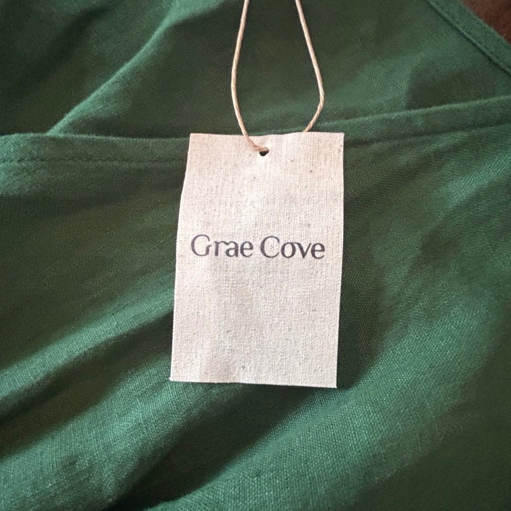 Grae Cove Wrap Dress Med Large Green 100% Linen Midi Pockets Minimalist Boutique - Picture 2 of 7